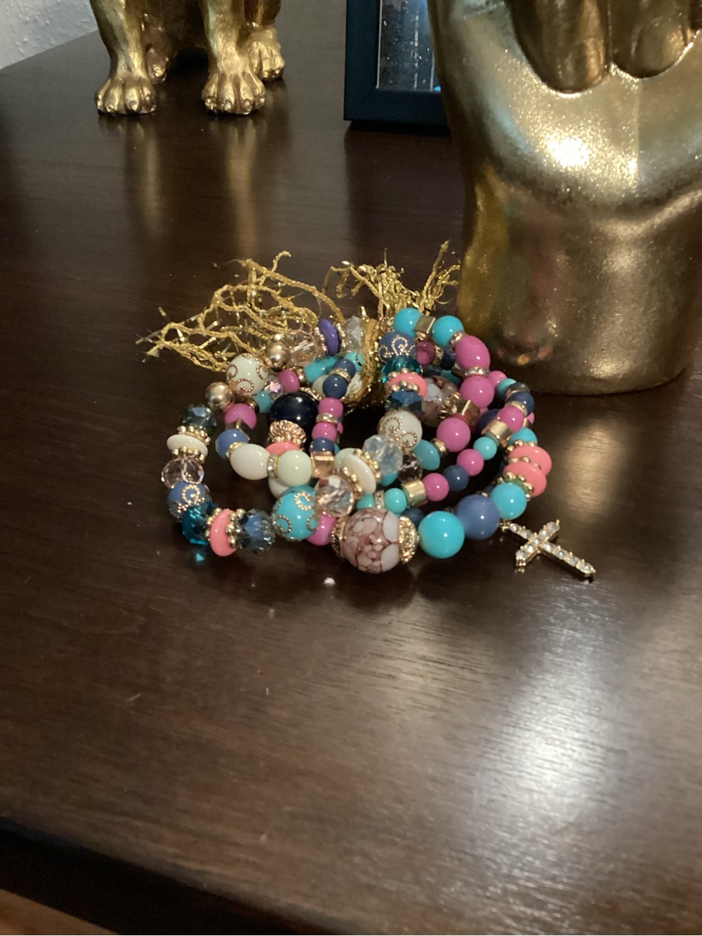 Colorful 5pc Glass Beaded Stretch Bracelet Stack with Cross Charm